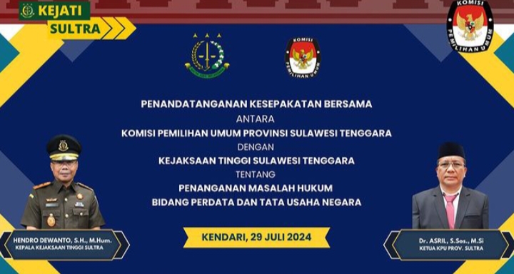 Kajati Sultra, Hendro Dewanto, menjelaskan bahwa maksud dan tujuan dari penandatanganan nota kesepahaman ini adalah untuk memberikan pelayanan hukum, pertimbangan hukum, serta bantuan hukum kepada KPU Sultra di bidang Perdata dan Tata Usaha Negara
