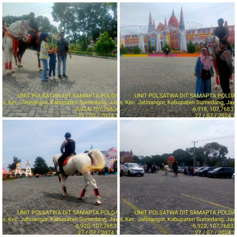 Unit Polsatwa Ditsamapta Polda Jabar melaksanakan patroli berkuda di dua lokasi penting, yaitu Stadion Gelora Bandung Lautan Api (GBLA) Bandung dan tempat wisata Jans Park Jatinangor, Kabupaten Sumedang. Patroli ini dipimpin oleh Plh. Kanit Polsatwa Ditsamapta Polda Jabar, Bripka Heri