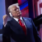 Republican presidential nominee and former U.S. President Donald Trump raises his fist from the stage on Day 4 of the Republican National Convention (RNC), at the Fiserv Forum in Milwaukee, Wisconsin, U.S., July 18, 2024. REUTERS/Andrew Kelly