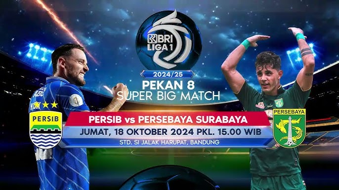 Persib Bandung akan menghadapi Persebaya Surabaya dalam laga panas pekan ke-8 Liga 1 2024/2025 yang digelar di Stadion Si Jalak Harupat, Soreang, Kabupaten Bandung, pada Jumat, 18 Oktober 2024 pukul 15.30 WIB