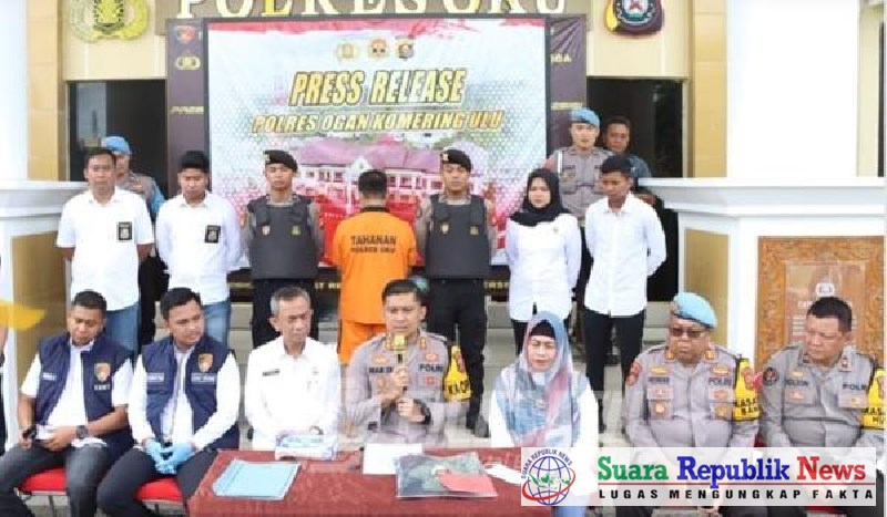Polres Ogan Komering Ulu (OKU) menggelar konferensi pers terkait penanganan kasus pencabulan anak yang melibatkan oknum guru SDN 49 OKU, Andi Firmana (46)