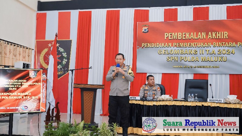 Wakapolda Maluku, Brigjen Pol Samudi, S.I.K., M.H., memberikan pembekalan akhir kepada 148 siswa Pendidikan dan Pembentukan Bintara (Diktuba) Polri Gelombang II tahun 2024